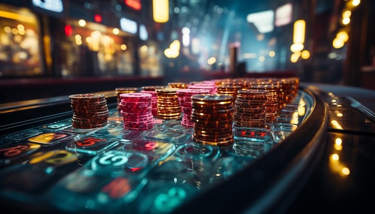 Roulette wheel spinning with bet chips on layout